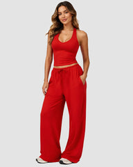 2-Piece V-Neck Strappy Wide Leg Workout Set