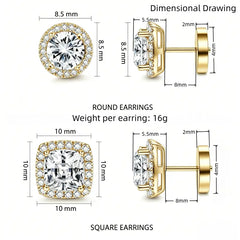 2-Pair Zircon Stud Earrings — Round & Square Styles for Every Look