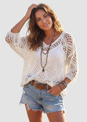 Casual Knit Hollow-Out 3/4 Batwing Sleeve Lightweight Summer Sweater