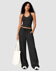 2-Piece V-Neck Strappy Wide Leg Workout Set