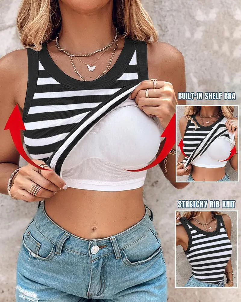 Tank Top with Built in Bra, Round Neck Ribbed Tank Top with Bra Pads