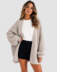 Oversized Lantern-Sleeve Open-Front Knit Cardigan