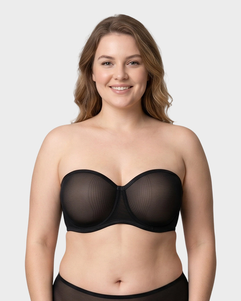 Sheer Mesh Strapless Underwire Balconette Bra