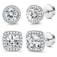 2-Pair Zircon Stud Earrings — Round & Square Styles for Every Look