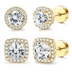 2-Pair Zircon Stud Earrings — Round & Square Styles for Every Look